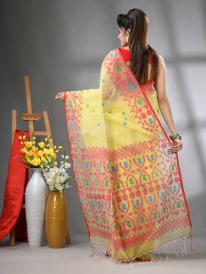 Yellow kantha stripes muslin soft saree with jamdani designs 3