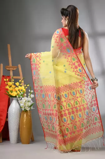 Yellow kantha stripes muslin soft saree with jamdani designs