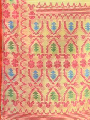 Yellow kantha stripes muslin soft saree with jamdani designs 4