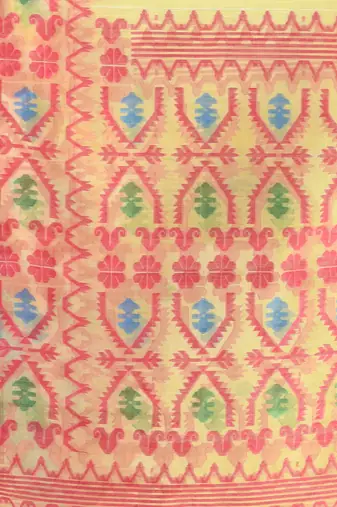 Yellow kantha stripes muslin soft saree with jamdani designs