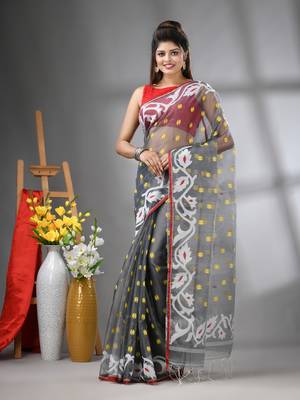 Grey muslin soft saree with jamdani designs 1