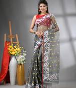 Grey muslin soft saree with jamdani designs
