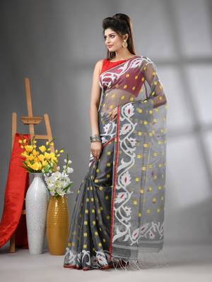 Grey muslin soft saree with jamdani designs 2