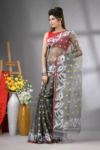 Grey muslin soft saree with jamdani designs