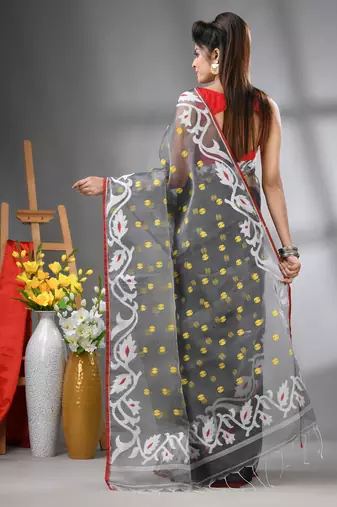 Grey muslin soft saree with jamdani designs