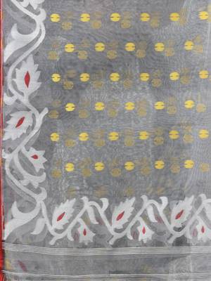 Grey muslin soft saree with jamdani designs 4