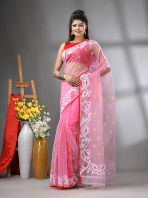 Baby pink muslin soft saree with jamdani designs 1