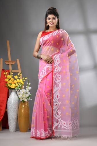 Baby pink muslin soft saree with jamdani designs