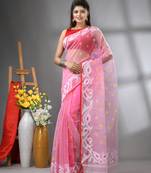 Baby pink muslin soft saree with jamdani designs