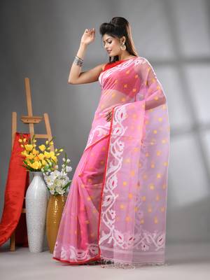 Baby pink muslin soft saree with jamdani designs 2
