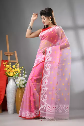 Baby pink muslin soft saree with jamdani designs