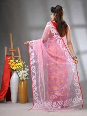 Baby pink muslin soft saree with jamdani designs 3
