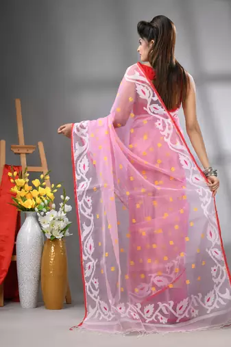 Baby pink muslin soft saree with jamdani designs
