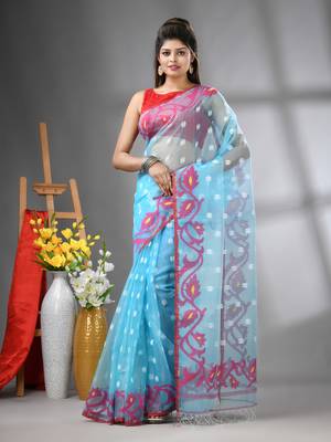Sky blue muslin soft saree with jamdani designs 1