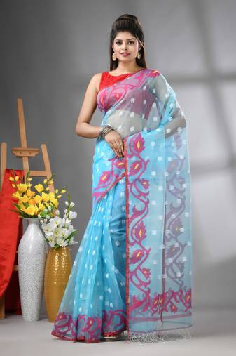 Sky blue muslin soft saree with jamdani designs