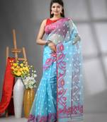 Sky blue muslin soft saree with jamdani designs