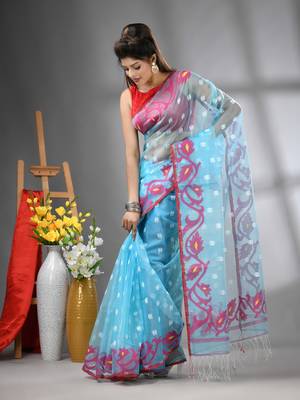 Sky blue muslin soft saree with jamdani designs 2