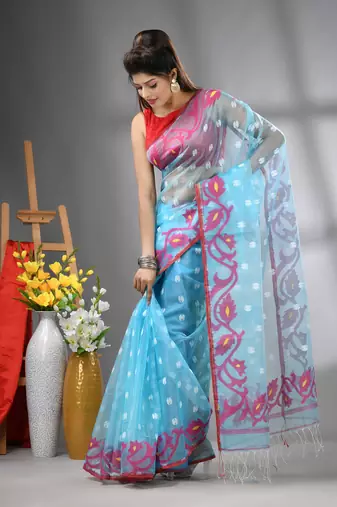 Sky blue muslin soft saree with jamdani designs