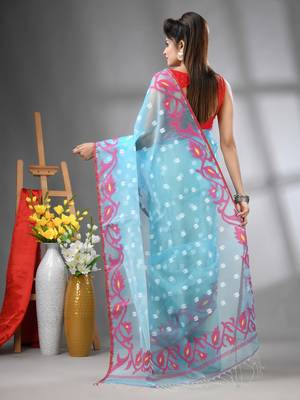 Sky blue muslin soft saree with jamdani designs 3