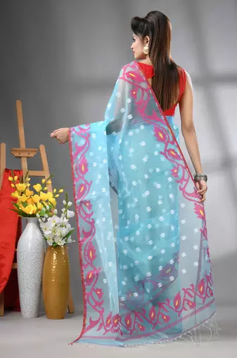 Sky blue muslin soft saree with jamdani designs