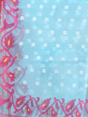 Sky blue muslin soft saree with jamdani designs 4