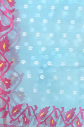 Sky blue muslin soft saree with jamdani designs