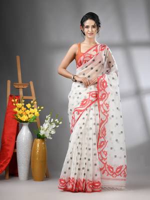 White muslin soft saree with jamdani designs 1