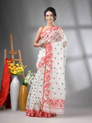 White muslin soft saree with jamdani designs 2