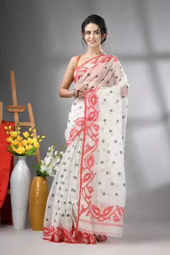 White muslin soft saree with jamdani designs