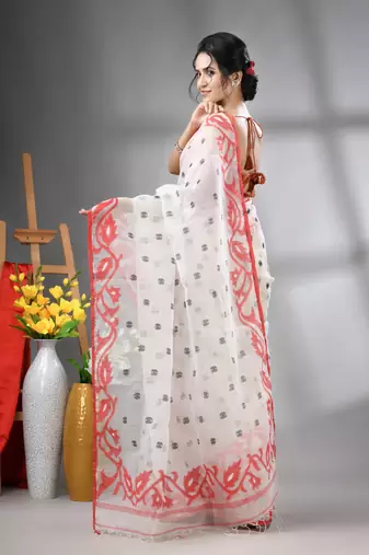 White muslin soft saree with jamdani designs