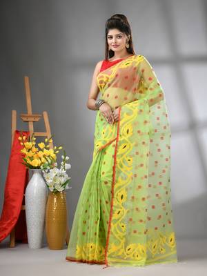 Light green muslin soft saree with jamdani designs 1