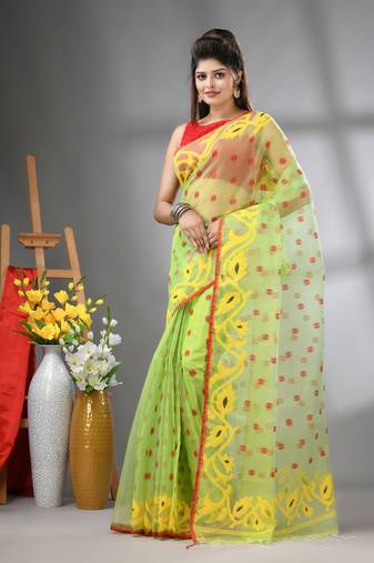 Light green muslin soft saree with jamdani designs