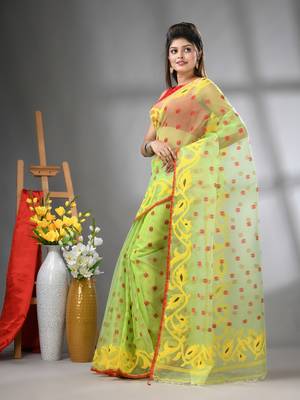 Light green muslin soft saree with jamdani designs 2