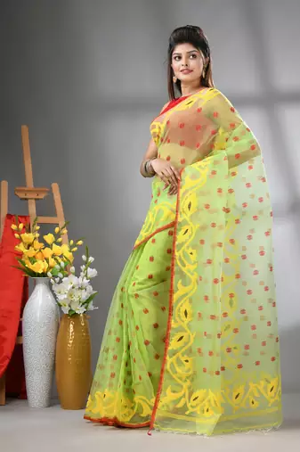 Light green muslin soft saree with jamdani designs