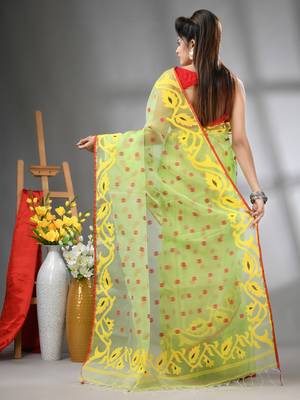 Light green muslin soft saree with jamdani designs 3