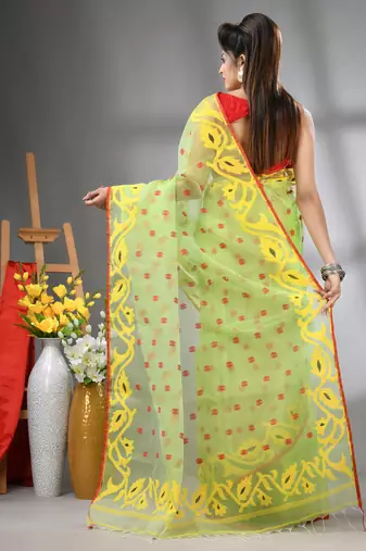 Light green muslin soft saree with jamdani designs