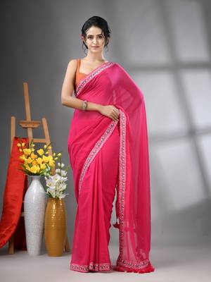 Pink mul cotton soft saree with embroidered borders 1