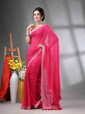 Pink mul cotton soft saree with embroidered borders 2