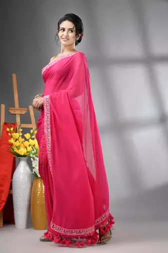 Pink mul cotton soft saree with embroidered borders