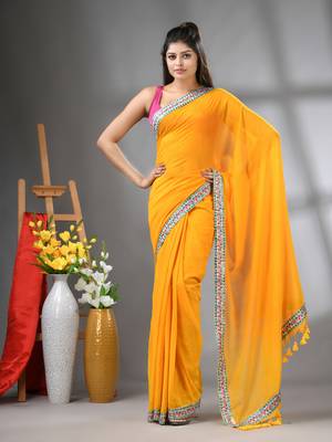 Yellow mul cotton soft saree with embroidered borders 1