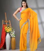 Yellow mul cotton soft saree with embroidered borders