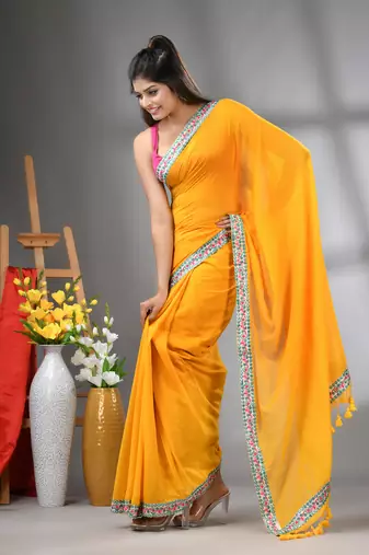 Yellow mul cotton soft saree with embroidered borders