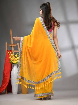 Yellow mul cotton soft saree with embroidered borders 3