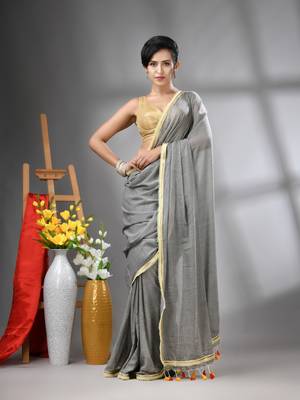Grey mul cotton soft saree with gota patti borders 1