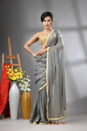 Grey mul cotton soft saree with gota patti borders