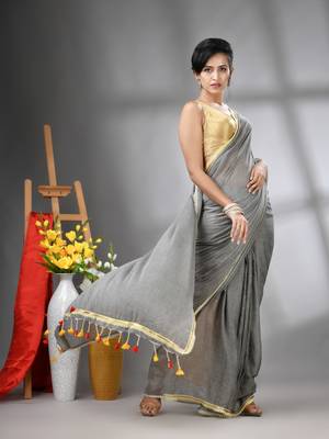 Grey mul cotton soft saree with gota patti borders 2