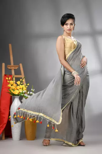 Grey mul cotton soft saree with gota patti borders