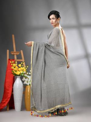 Grey mul cotton soft saree with gota patti borders 3