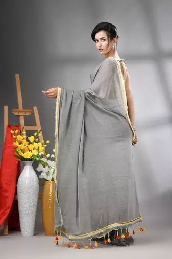 Grey mul cotton soft saree with gota patti borders