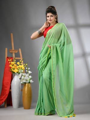 Light green mul cotton soft saree with gota patti borders 1